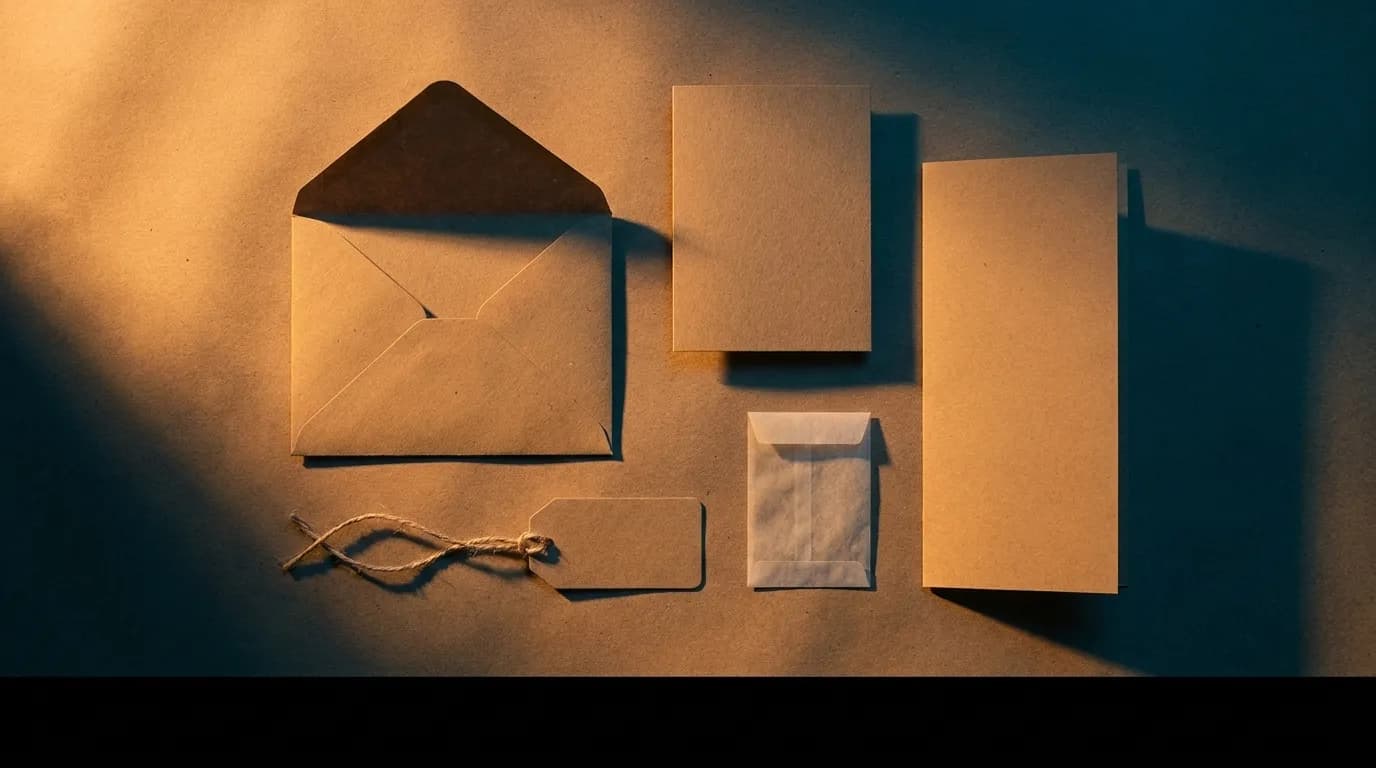 Sobre de semillas kraft abierto sobre una mesa oscura, con sus cinco piezas dispuestas ordenadamente alrededor