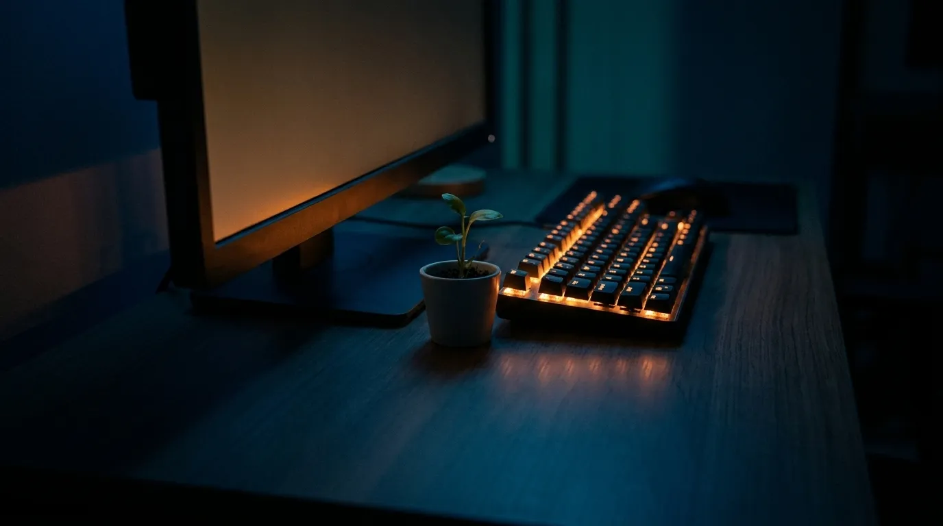 Escritorio de programación nocturno con un brote creciendo en una maceta junto al teclado, iluminado por la pantalla