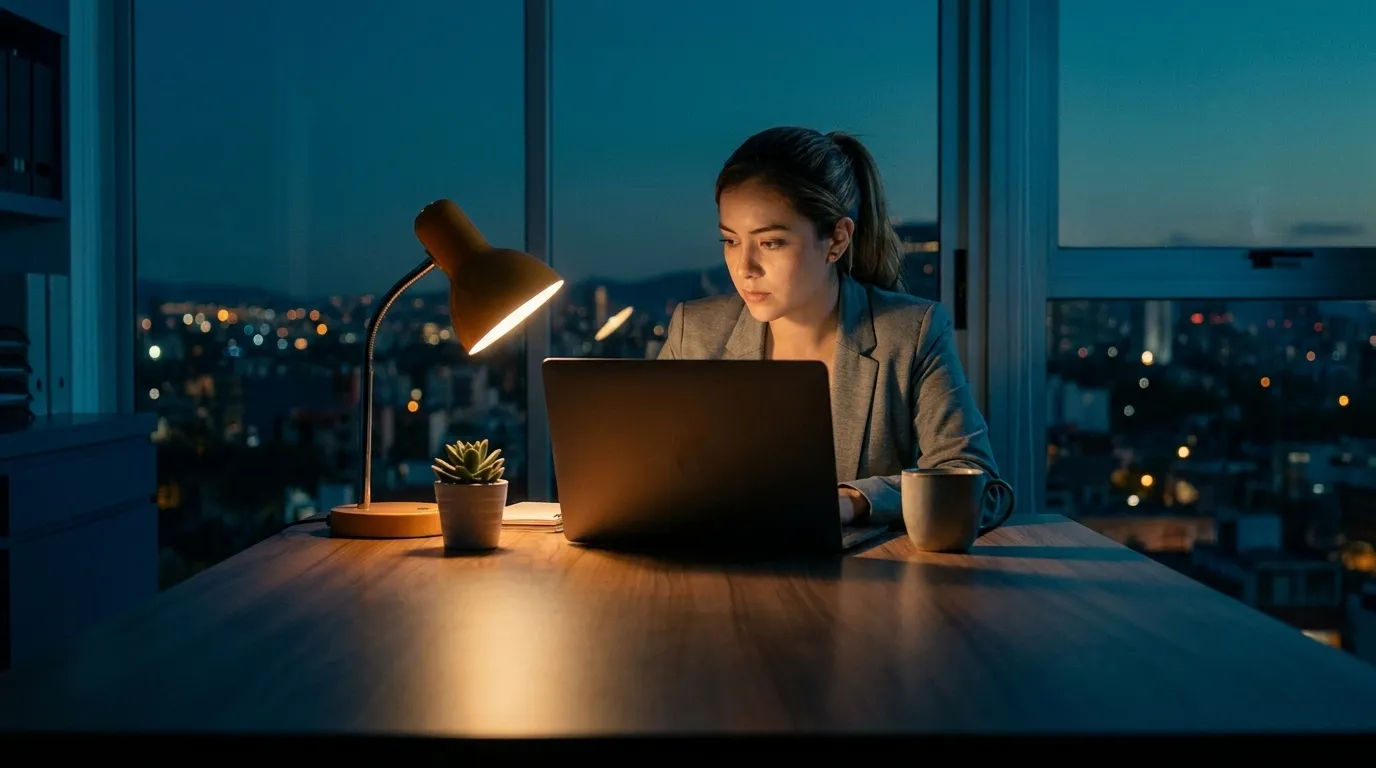Una profesionista concentrada frente a su laptop en un escritorio cálido de noche, con una plantita y una taza al lado