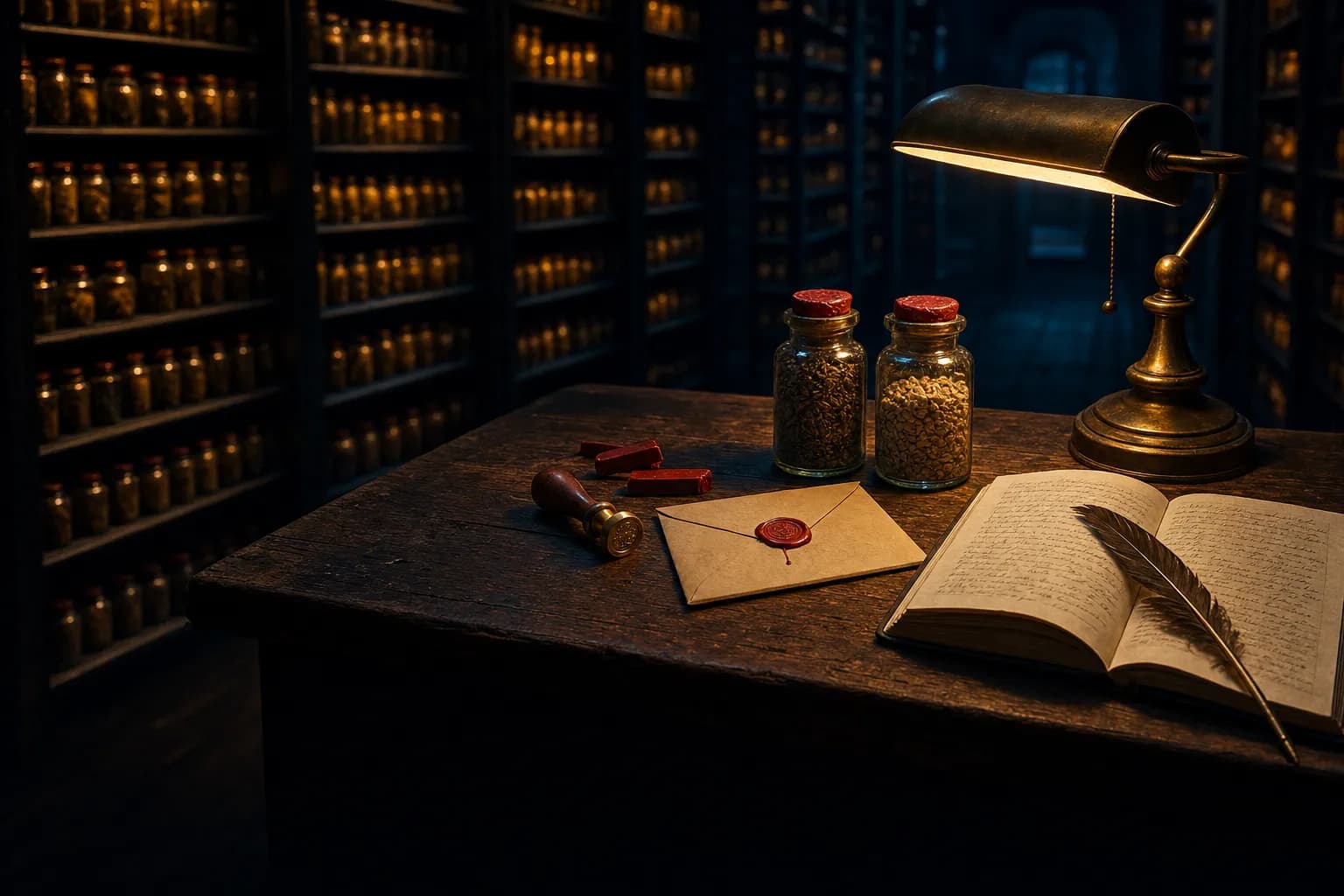 Bóveda nocturna con anaqueles llenos de frascos de semillas brillando en ámbar; al frente, una mesa con dos frascos lacrados, un sobre kraft con sello de lacre rojo, pluma y libro de registros bajo una lámpara de latón