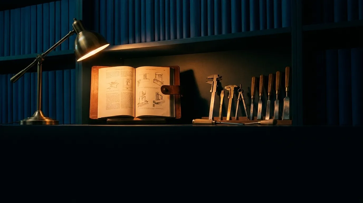 Un manual abierto iluminado en cálido entre libros oscuros, con herramientas de especialista ordenadas a un lado