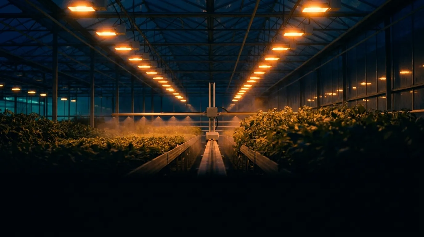Un invernadero nocturno trabajando solo: una hilera de luces cálidas encendidas en secuencia y un brazo de riego automático regando los cultivos sin nadie presente