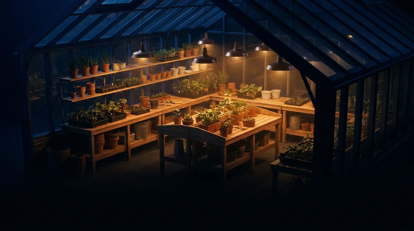 Vista elevada de un invernadero boutique de noche, con mesas y repisas de cultivo ordenadas bajo lámparas cálidas y la estructura entera cayendo en sombra azul-rey