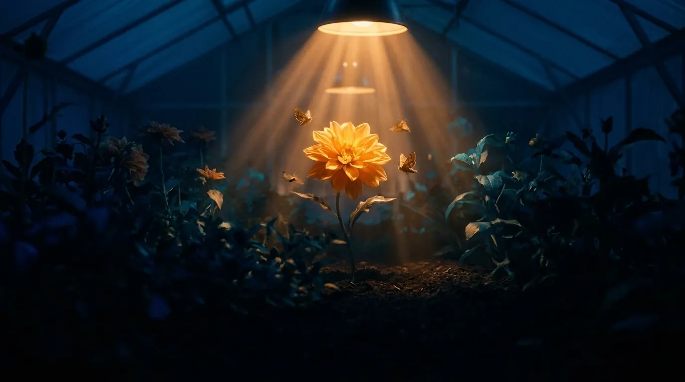 Una flor ámbar iluminada como un faro entre plantas más oscuras de un invernadero nocturno, con rayos de luz cálida y polillas atraídas hacia su brillo