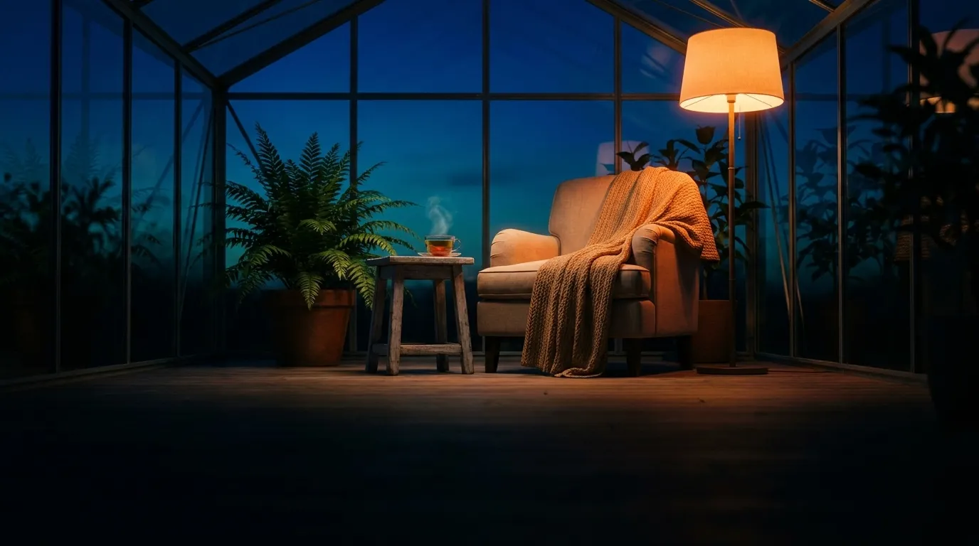 Un rincón de lectura sereno dentro de un invernadero de noche, con un sillón y una manta cálida, una taza de té humeante y un helecho junto a una lámpara de luz ámbar